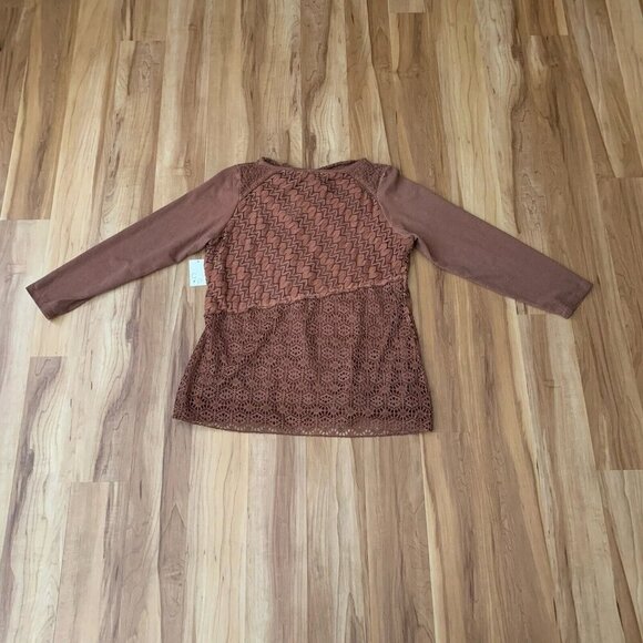 Cactus + Pearl Blouse Women's Rust Brown Large Cowl Neck Lace Overlay NWT - Picture 5 of 10